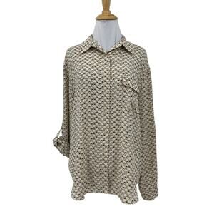 Pleione Shirt Womens M Medium Beige Black Check Tab Sleeve Button Up Pocket